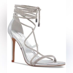 Aldo marly Silver RHINESTONED embellished ankle tie sandals size 8